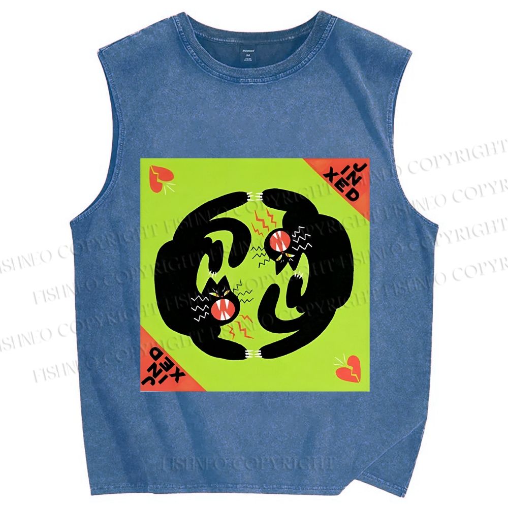 Unisex Black Cat in Double Printed Washed Tank Top