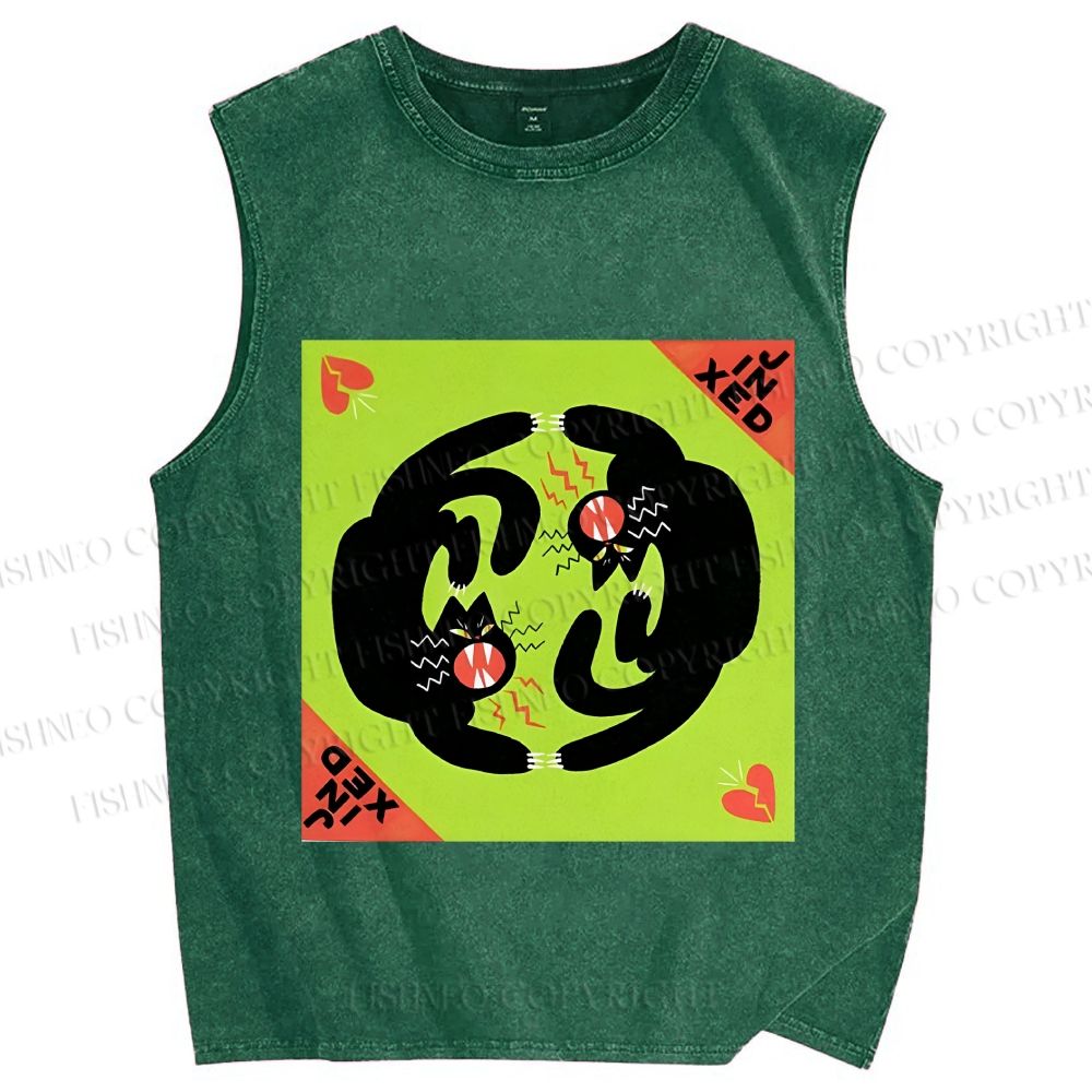 Unisex Black Cat in Double Printed Washed Tank Top