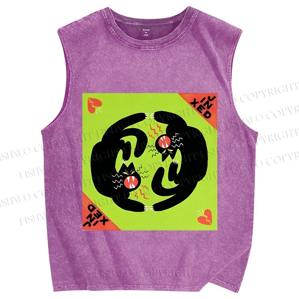 Unisex Black Cat in Double Printed Washed Tank Top