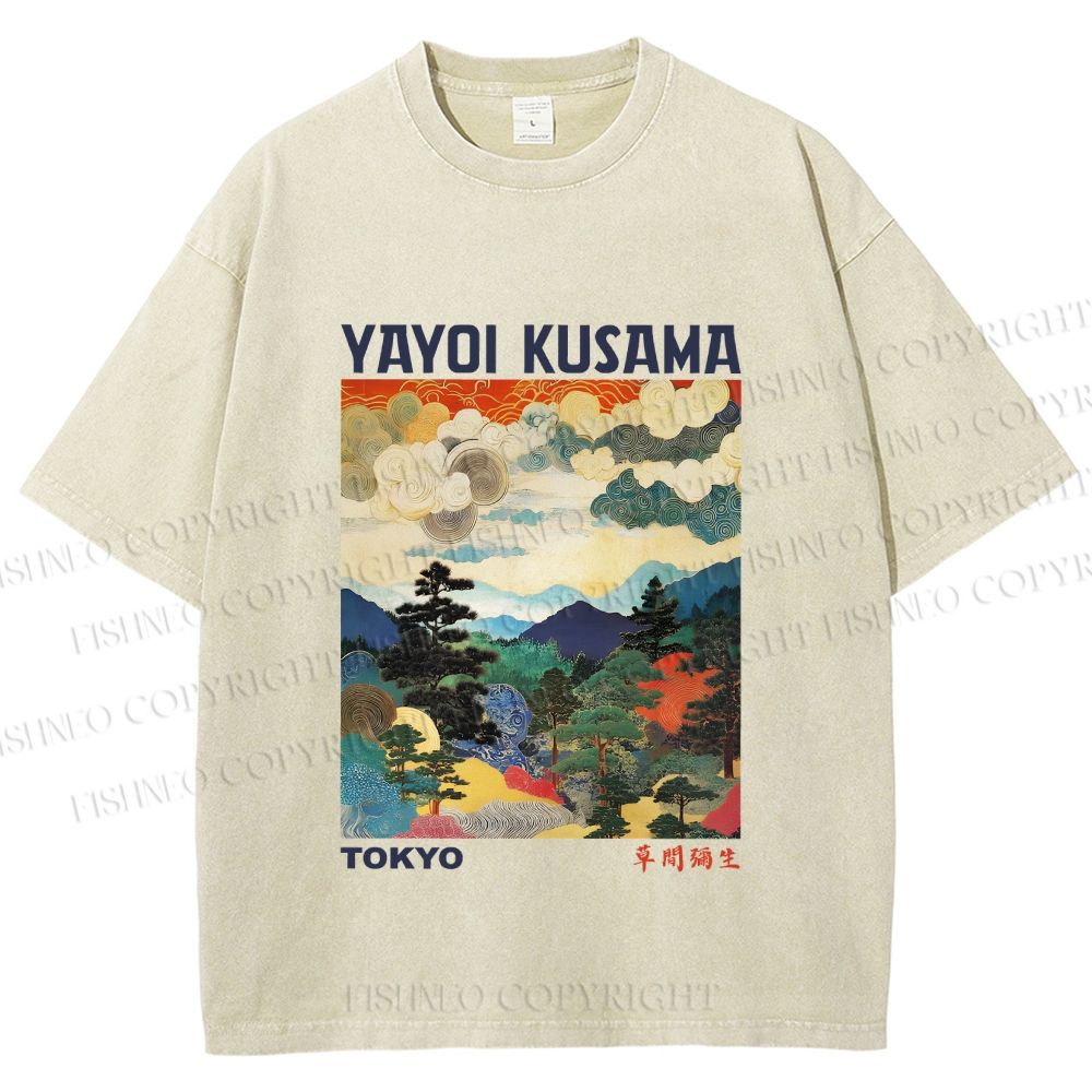 Unisex Yayoi Kusama Landscape Painting Printed Washed Tee