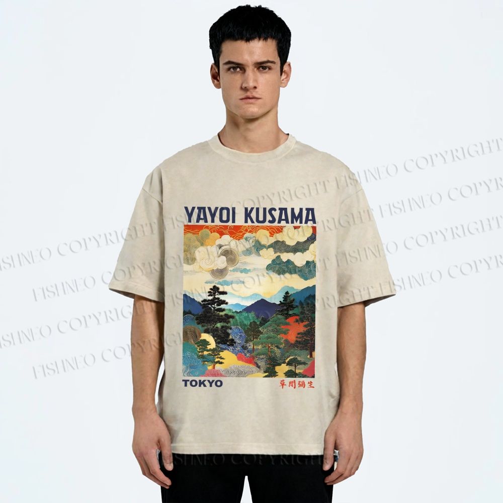 Unisex Yayoi Kusama Landscape Painting Printed Washed Tee