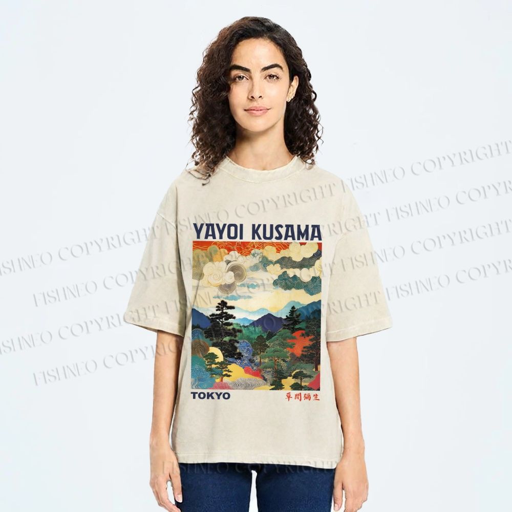 Unisex Yayoi Kusama Landscape Painting Printed Washed Tee