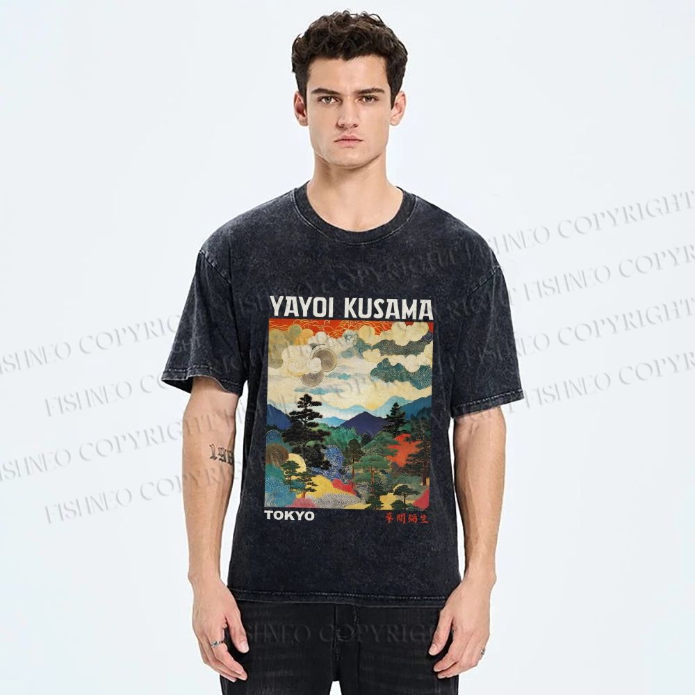 Unisex Yayoi Kusama Landscape Painting Printed Washed Tee