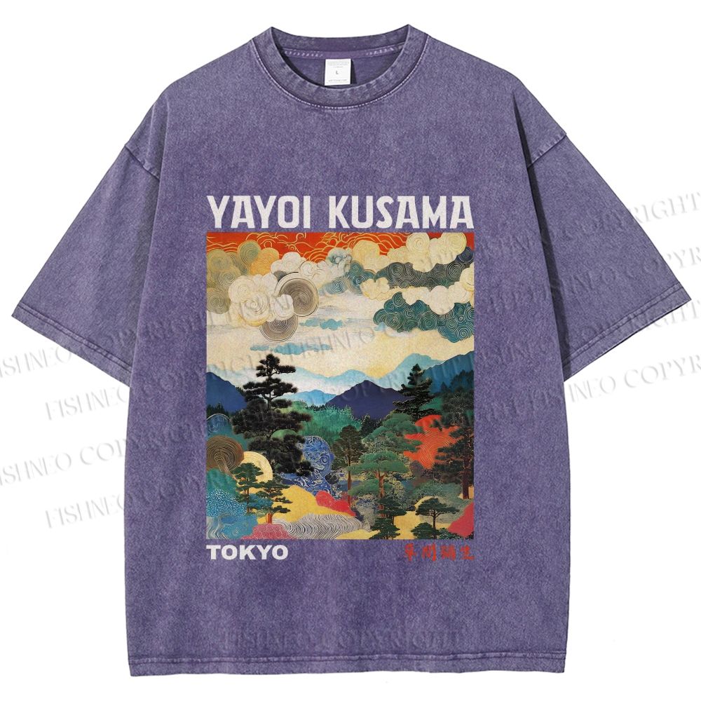 Unisex Yayoi Kusama Landscape Painting Printed Washed Tee