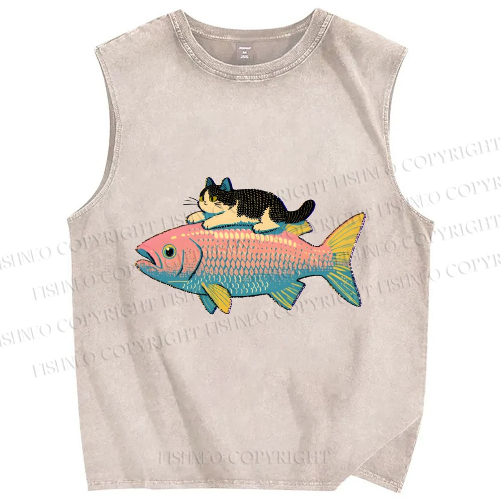 Unisex Cat On Fish Printed Washed Tank Top