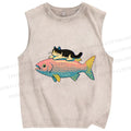 Unisex Cat On Fish Printed Washed Tank Top