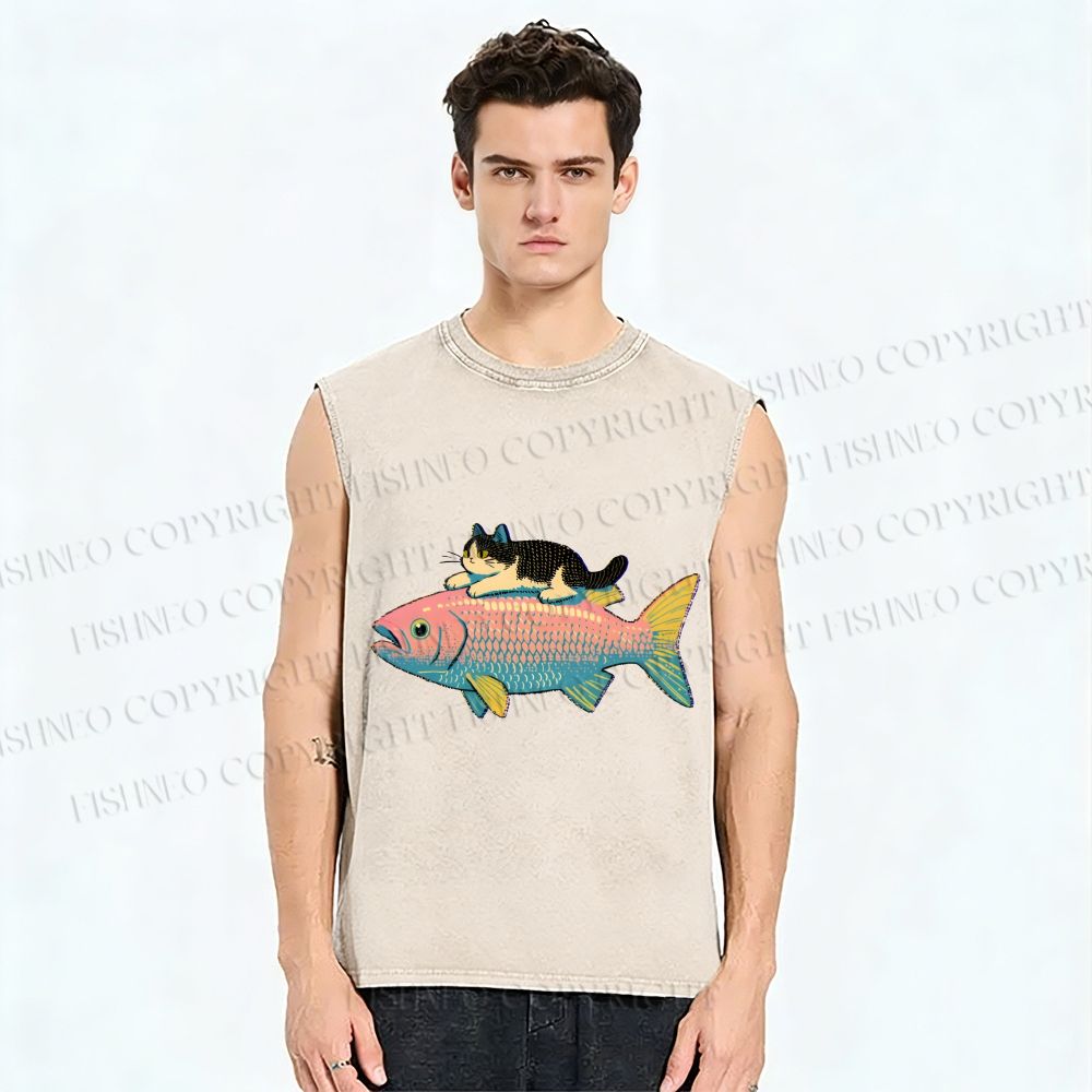 Unisex Cat On Fish Printed Washed Tank Top