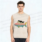 Unisex Cat On Fish Printed Washed Tank Top
