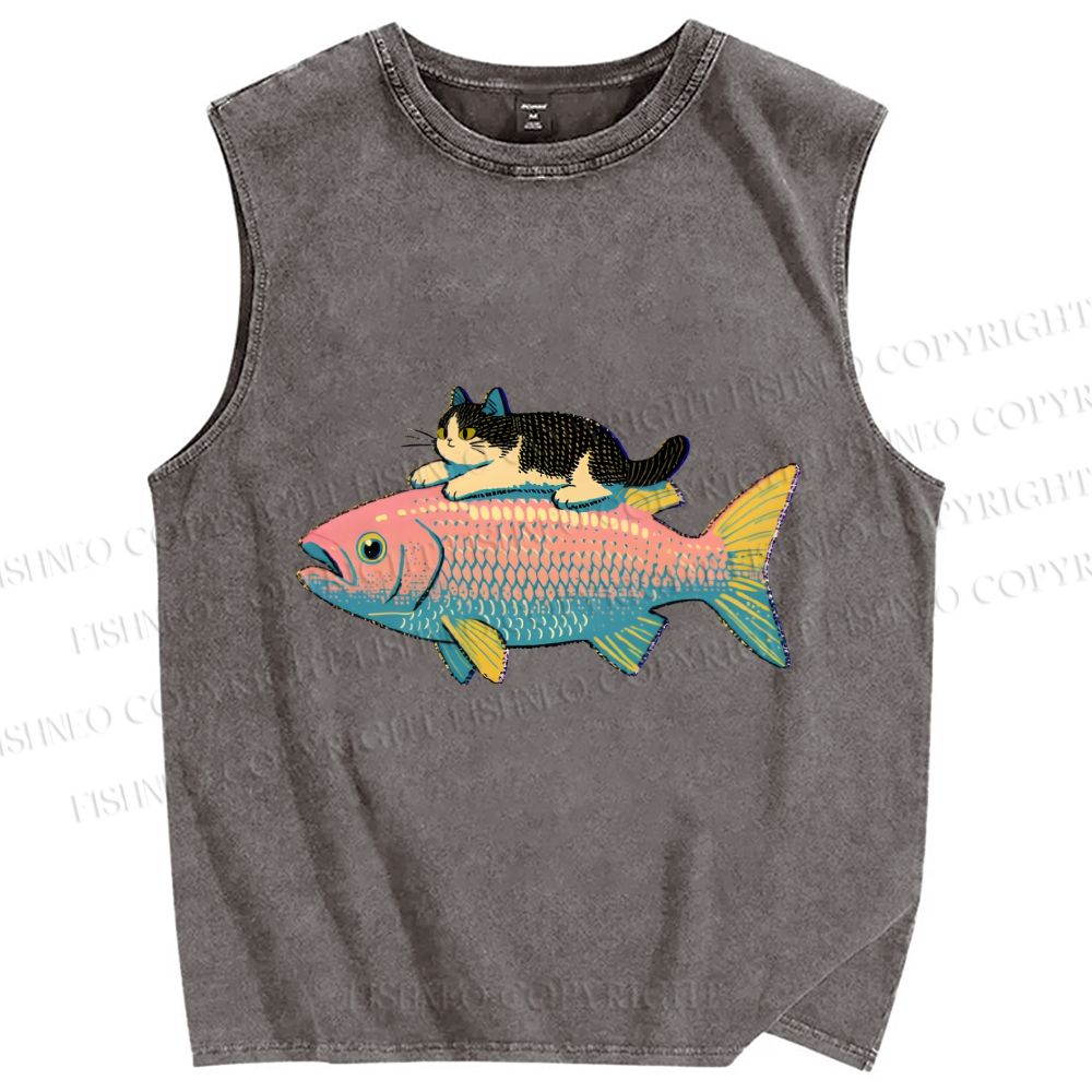 Unisex Cat On Fish Printed Washed Tank Top