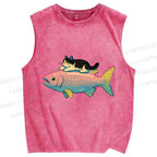 Unisex Cat On Fish Printed Washed Tank Top