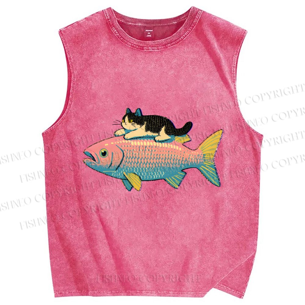Unisex Cat On Fish Printed Washed Tank Top