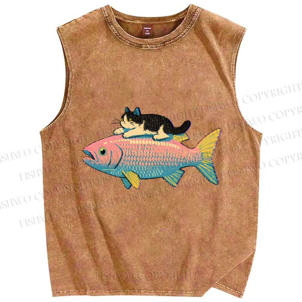 Unisex Cat On Fish Printed Washed Tank Top