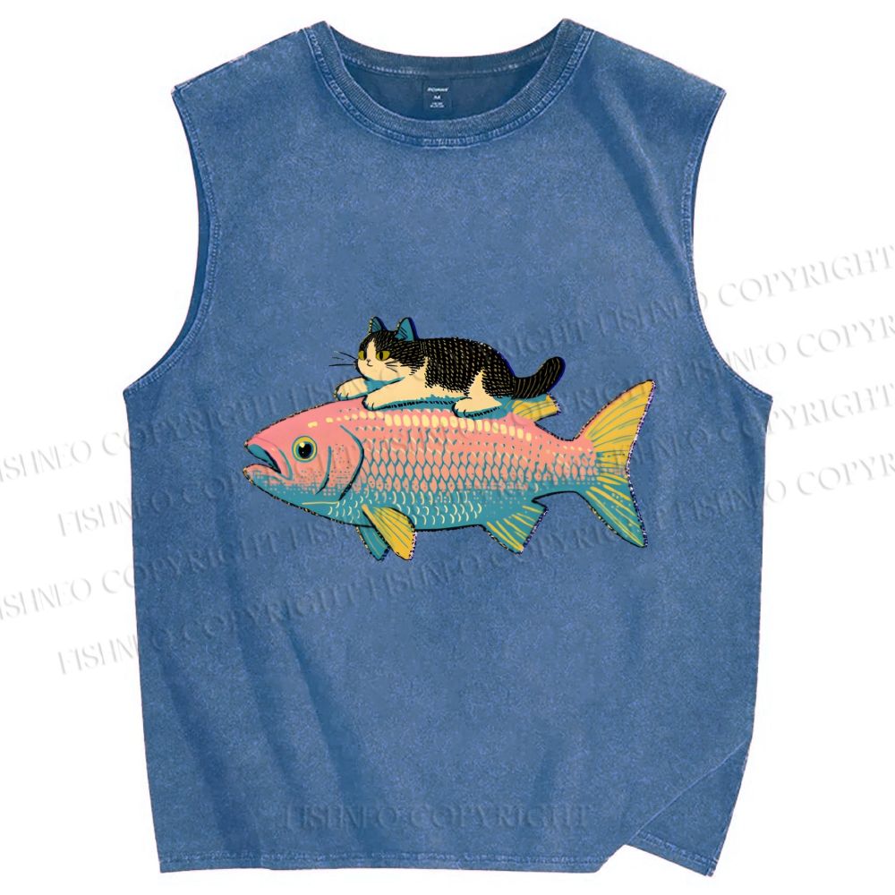 Unisex Cat On Fish Printed Washed Tank Top