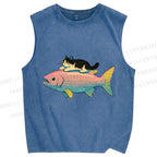 Unisex Cat On Fish Printed Washed Tank Top