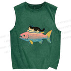 Unisex Cat On Fish Printed Washed Tank Top