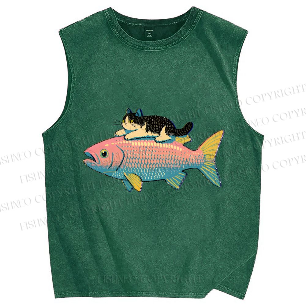 Unisex Cat On Fish Printed Washed Tank Top