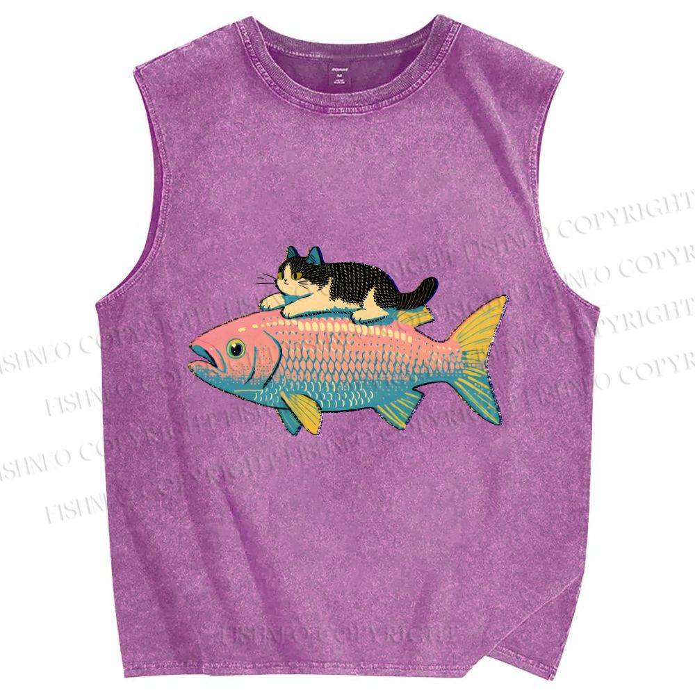 Unisex Cat On Fish Printed Washed Tank Top