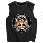 Unisex Drunk Raccoon Need A Break Printed Washed Tank Top