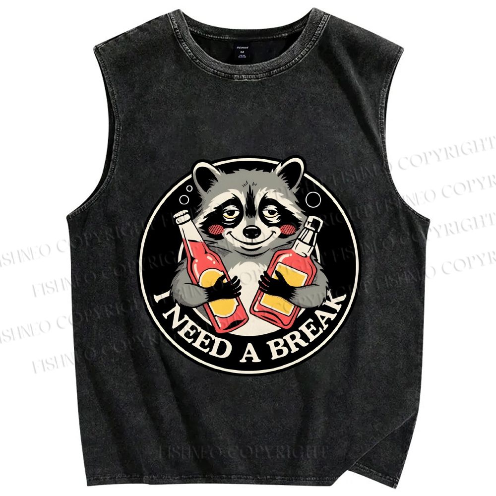 Unisex Drunk Raccoon Need A Break Printed Washed Tank Top