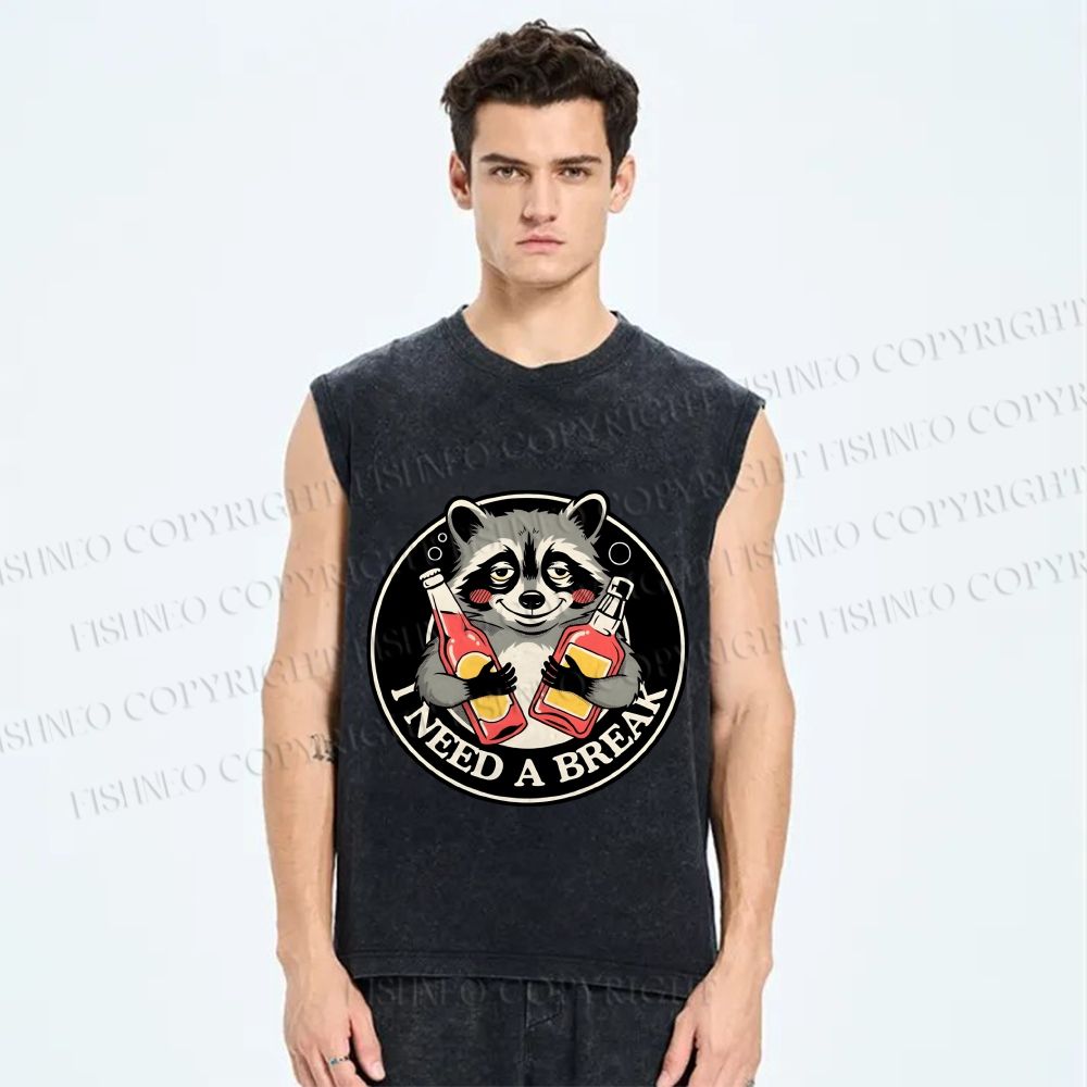Unisex Drunk Raccoon Need A Break Printed Washed Tank Top
