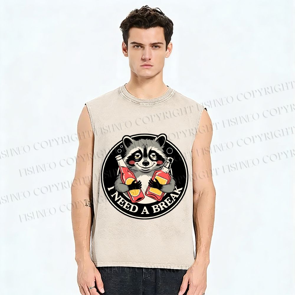 Unisex Drunk Raccoon Need A Break Printed Washed Tank Top
