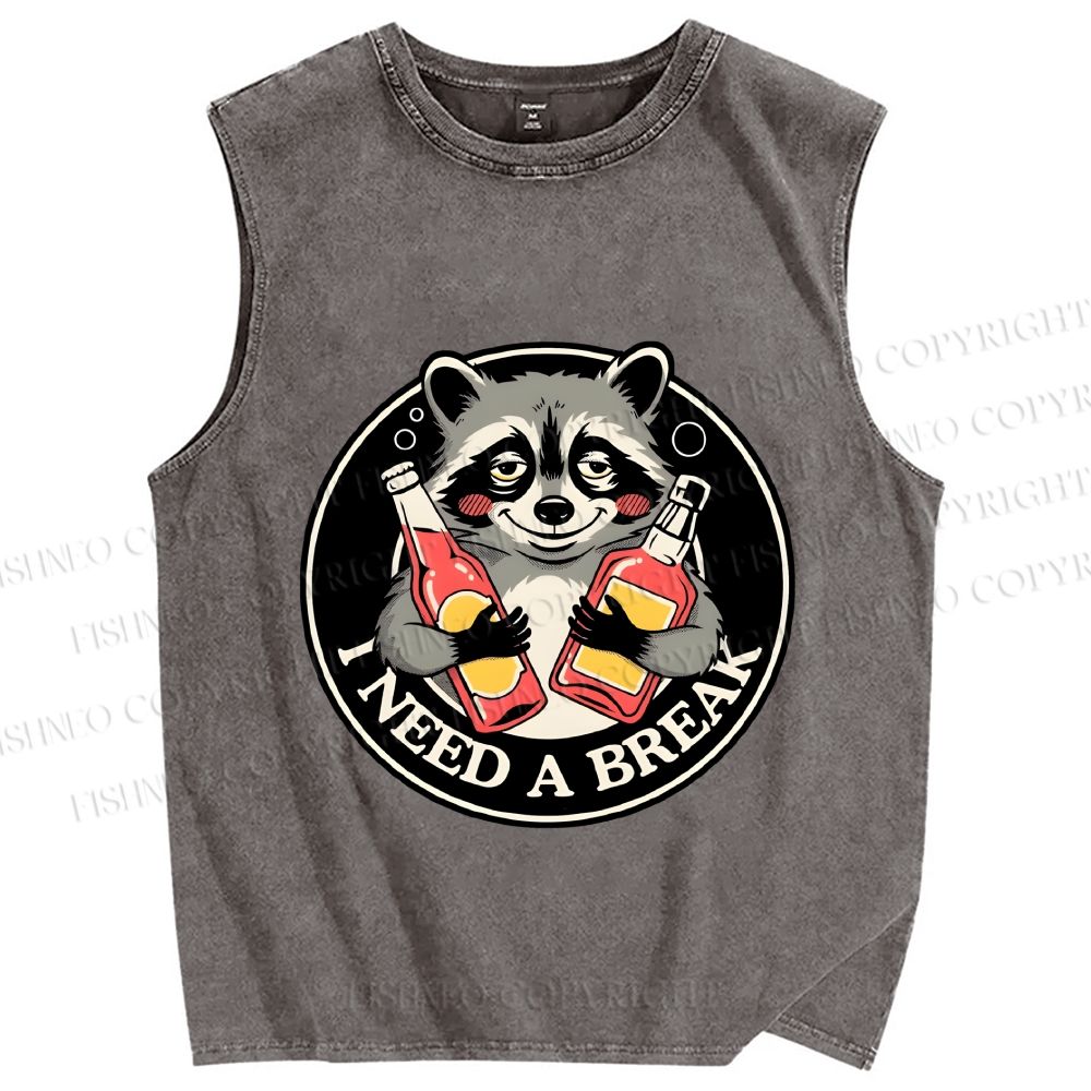 Unisex Drunk Raccoon Need A Break Printed Washed Tank Top