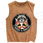 Unisex Drunk Raccoon Need A Break Printed Washed Tank Top