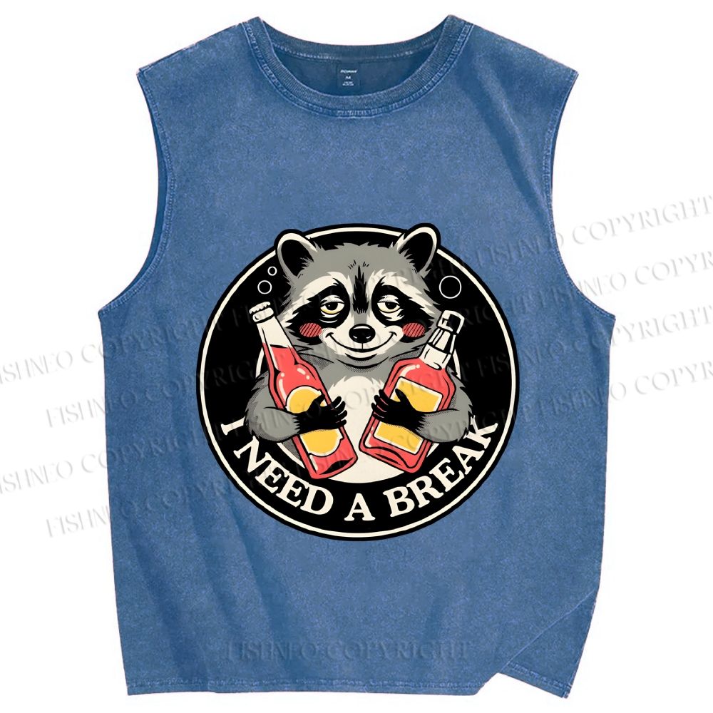 Unisex Drunk Raccoon Need A Break Printed Washed Tank Top