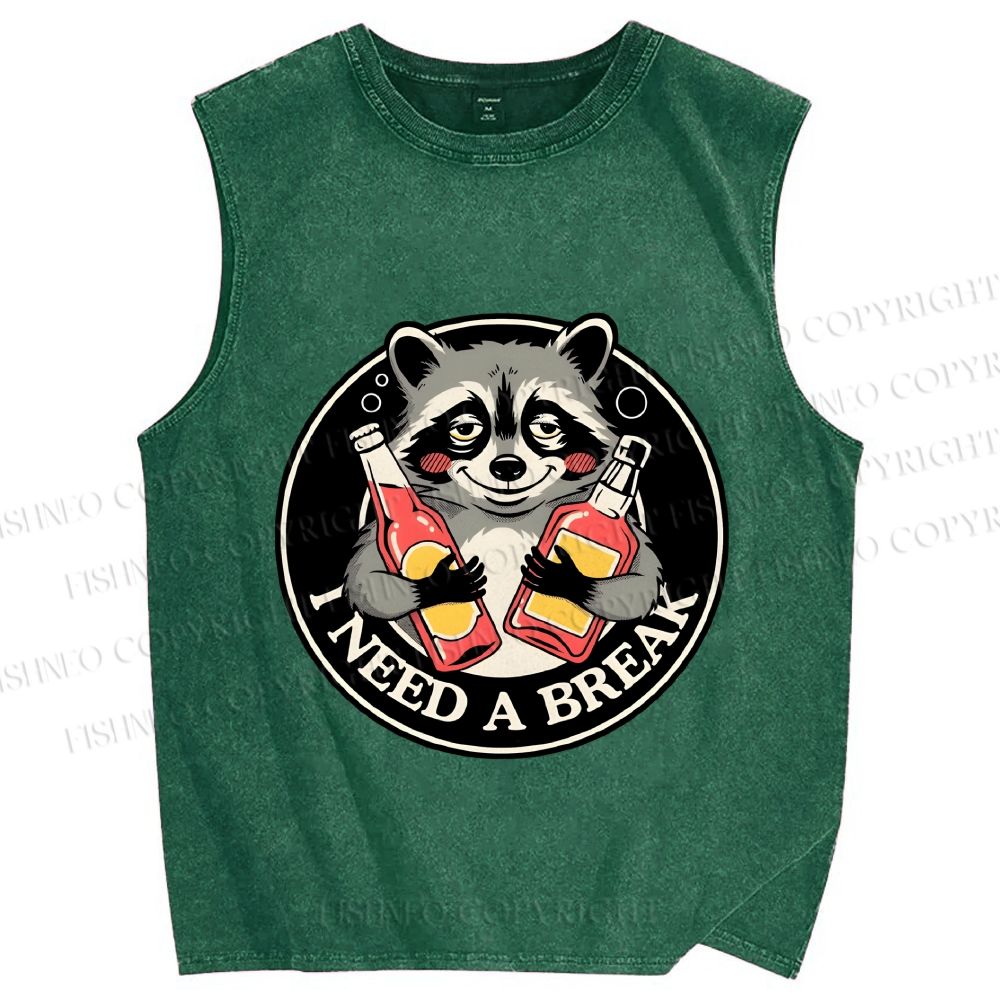 Unisex Drunk Raccoon Need A Break Printed Washed Tank Top
