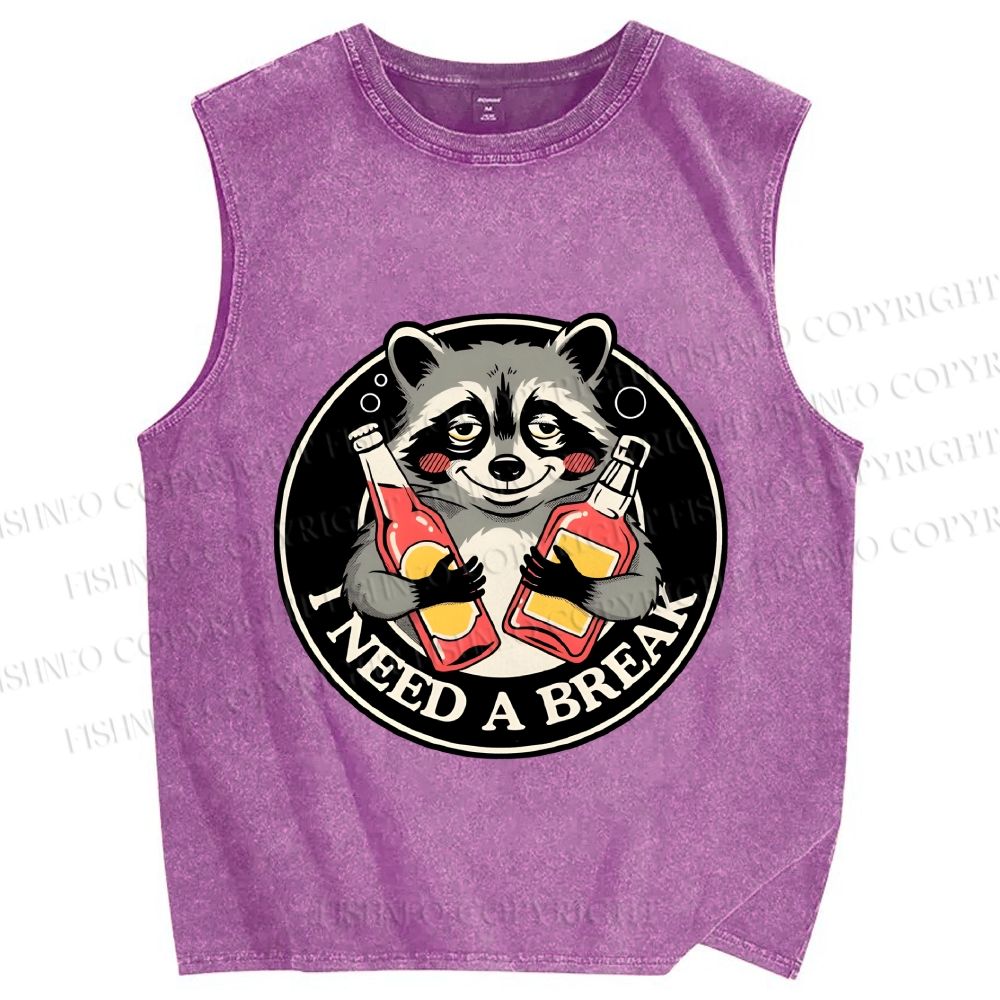 Unisex Drunk Raccoon Need A Break Printed Washed Tank Top