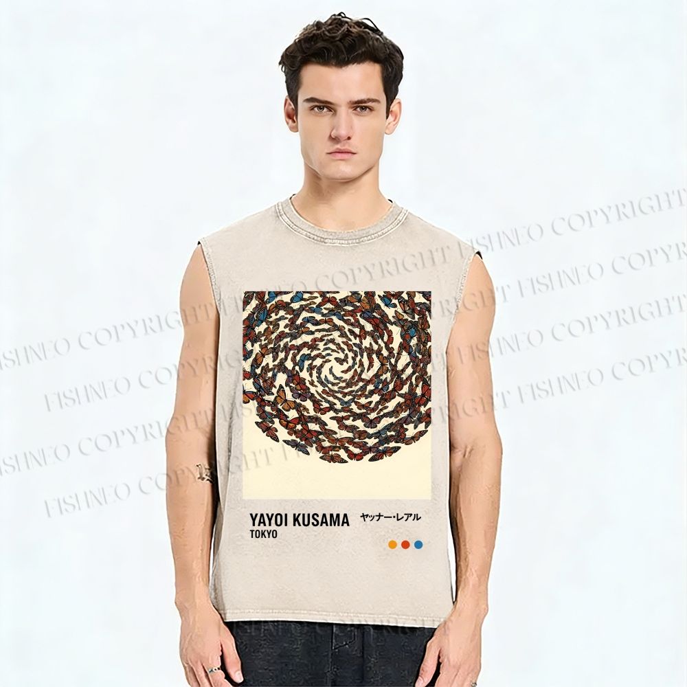 Unisex Yayoi Kusama Butterflies Printed Washed Tank Top