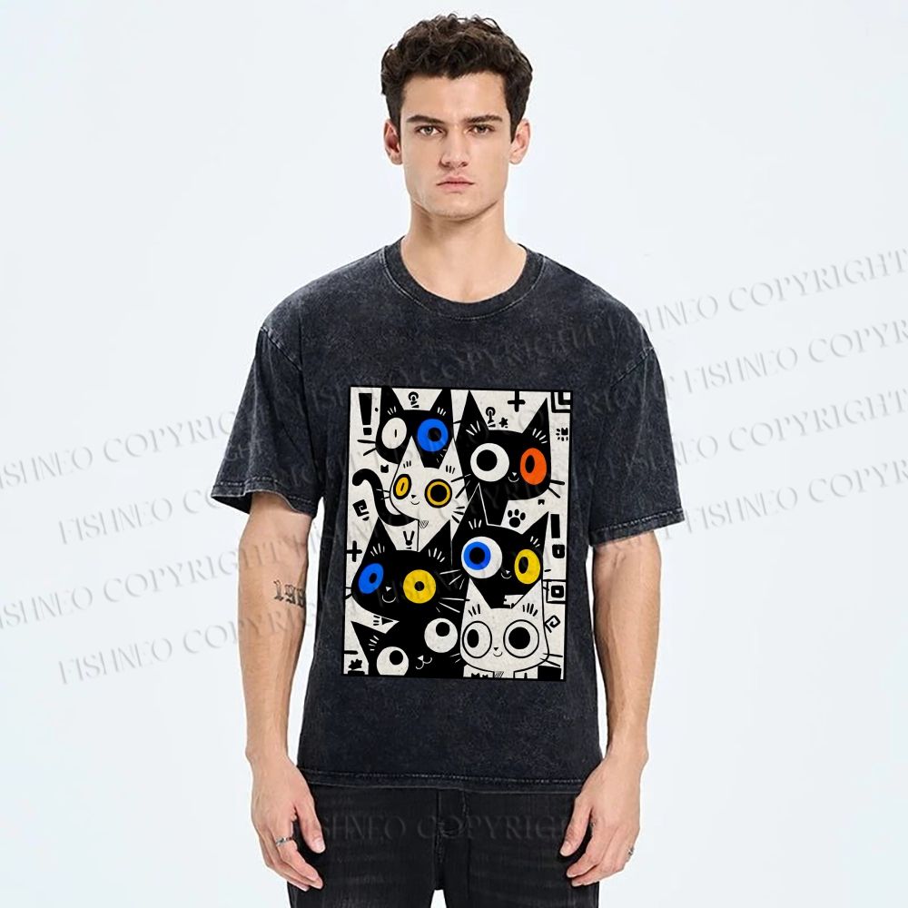 Unisex Cartoon Cats Printed Washed Tee