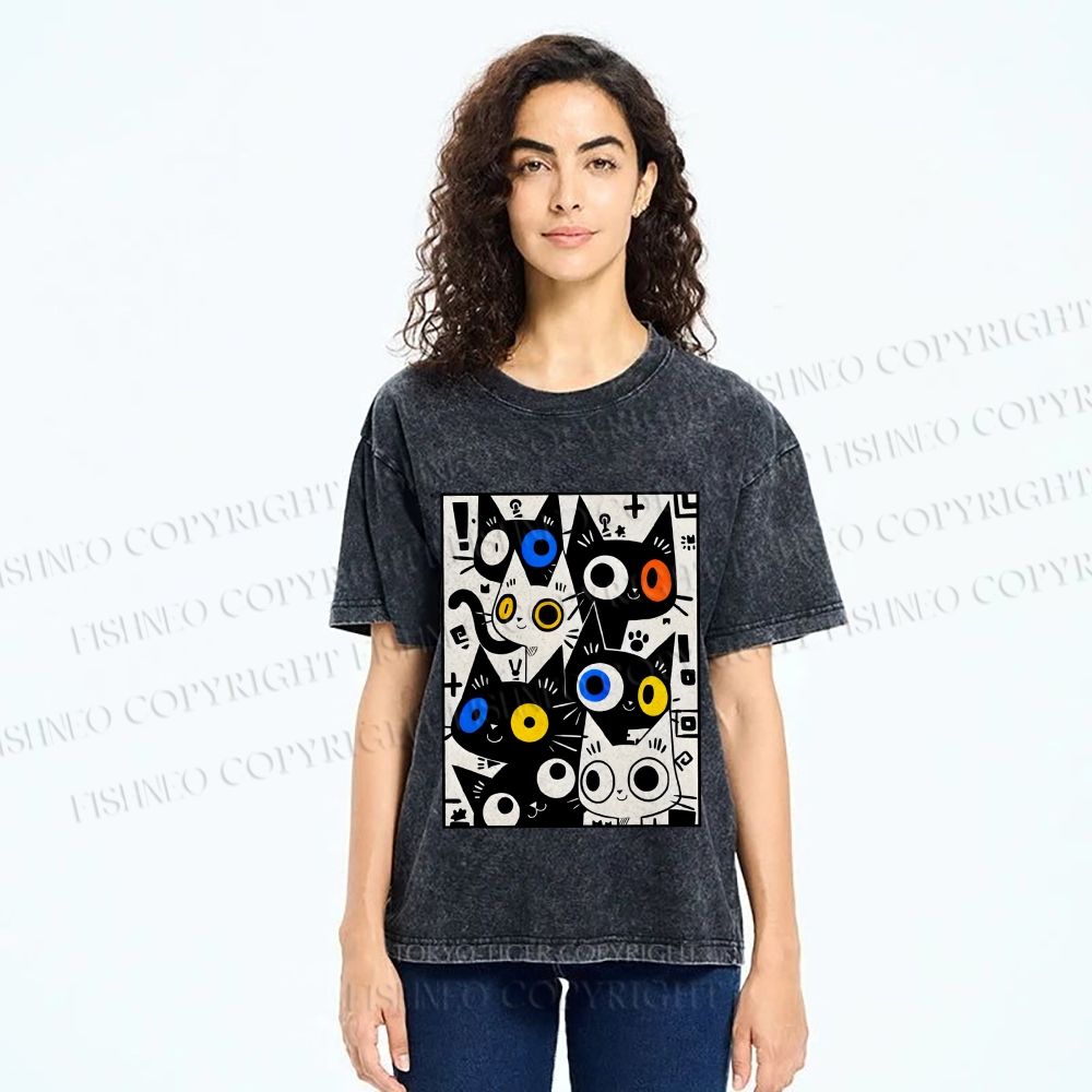 Unisex Cartoon Cats Printed Washed Tee