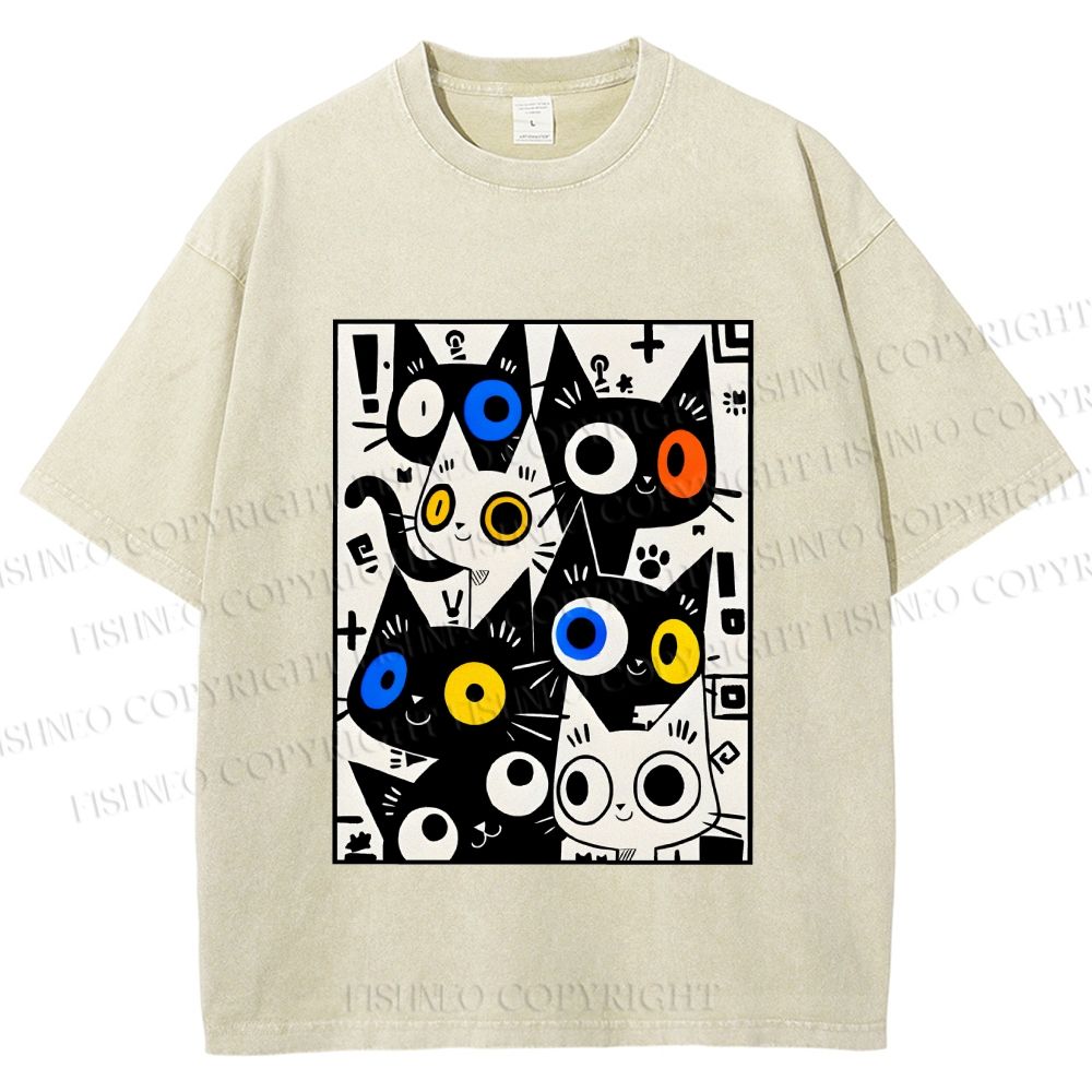 Unisex Cartoon Cats Printed Washed Tee