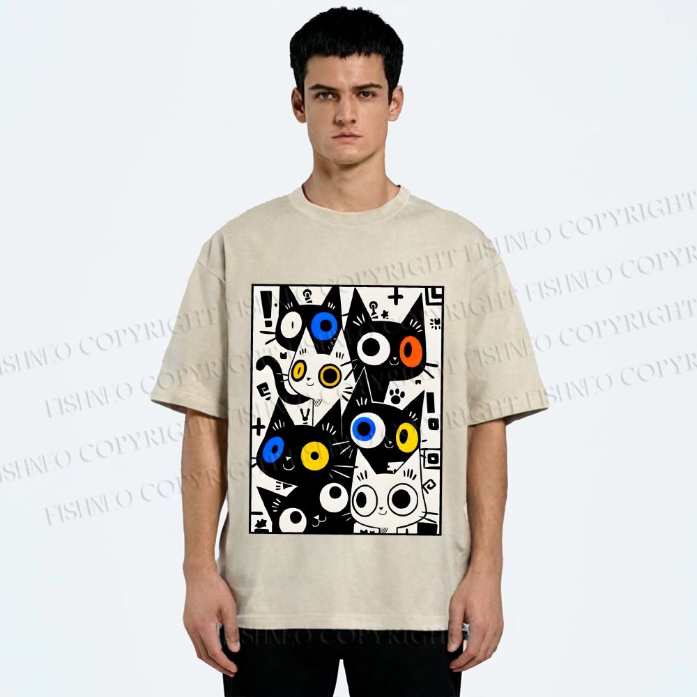 Unisex Cartoon Cats Printed Washed Tee