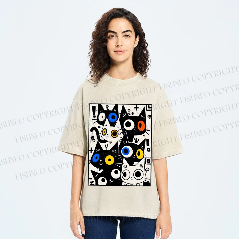 Unisex Cartoon Cats Printed Washed Tee
