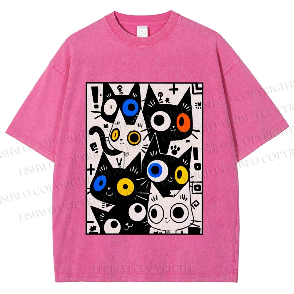Unisex Cartoon Cats Printed Washed Tee