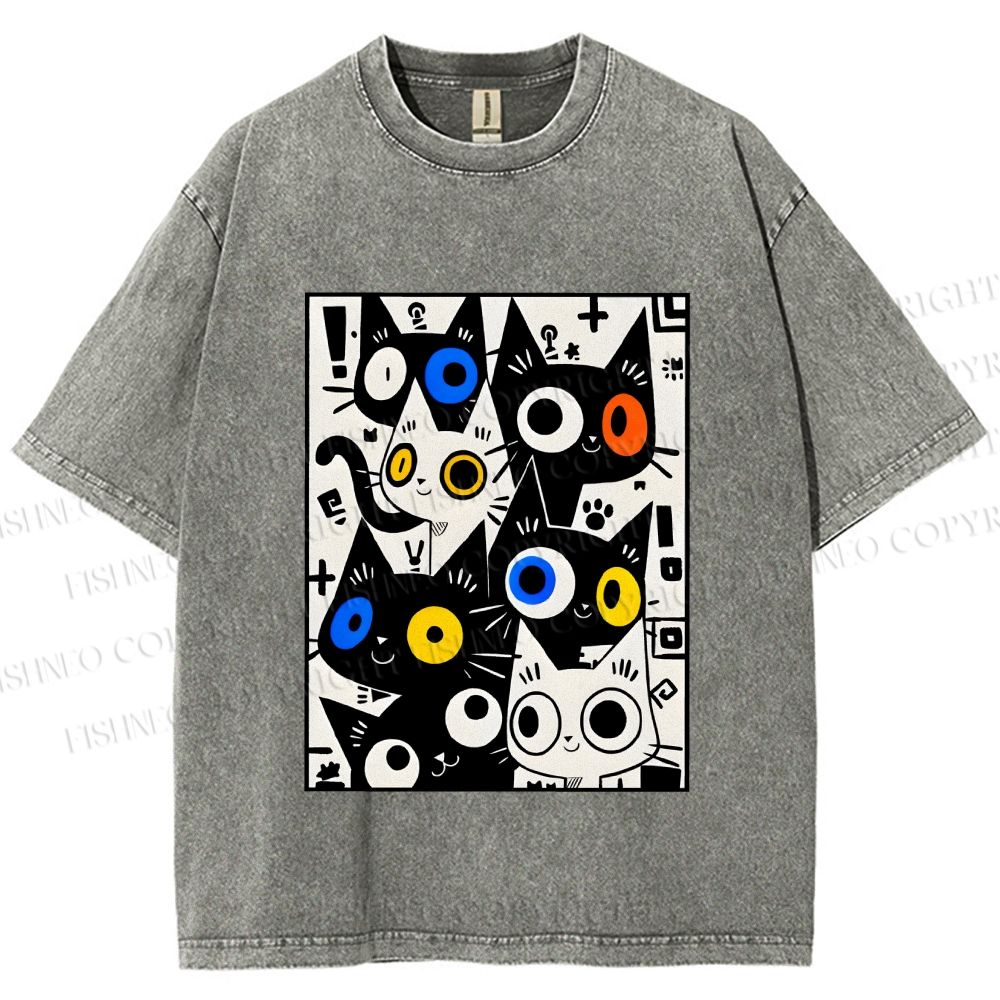 Unisex Cartoon Cats Printed Washed Tee
