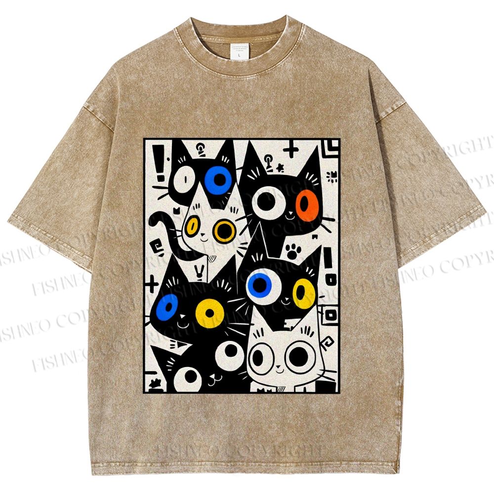 Unisex Cartoon Cats Printed Washed Tee