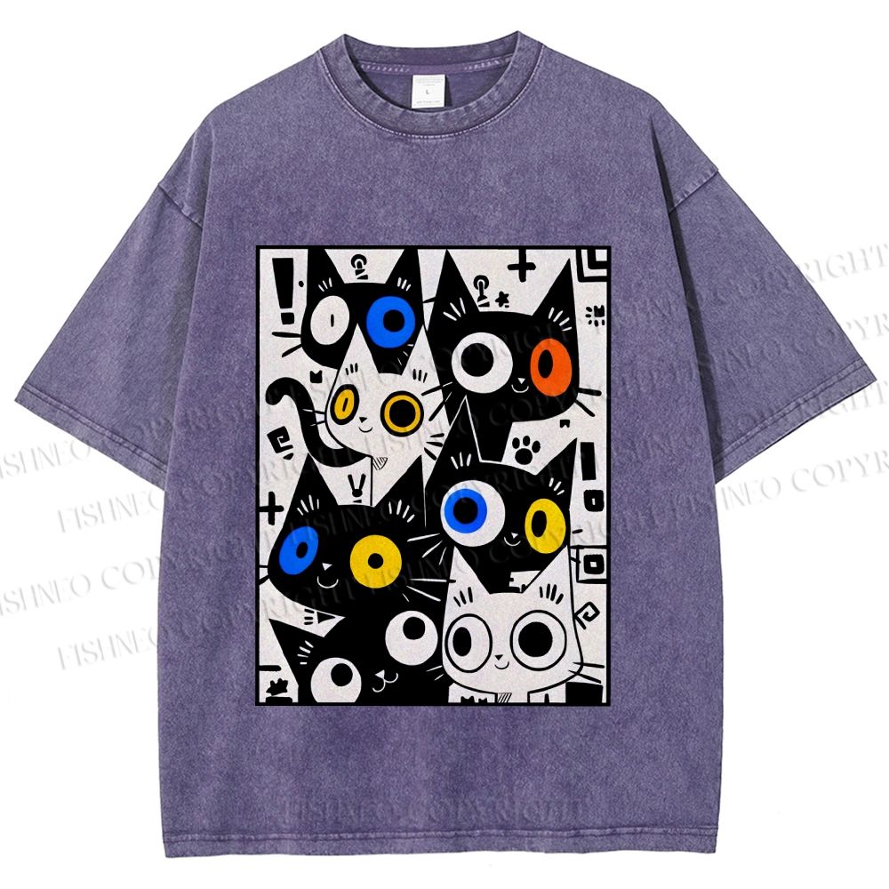 Unisex Cartoon Cats Printed Washed Tee