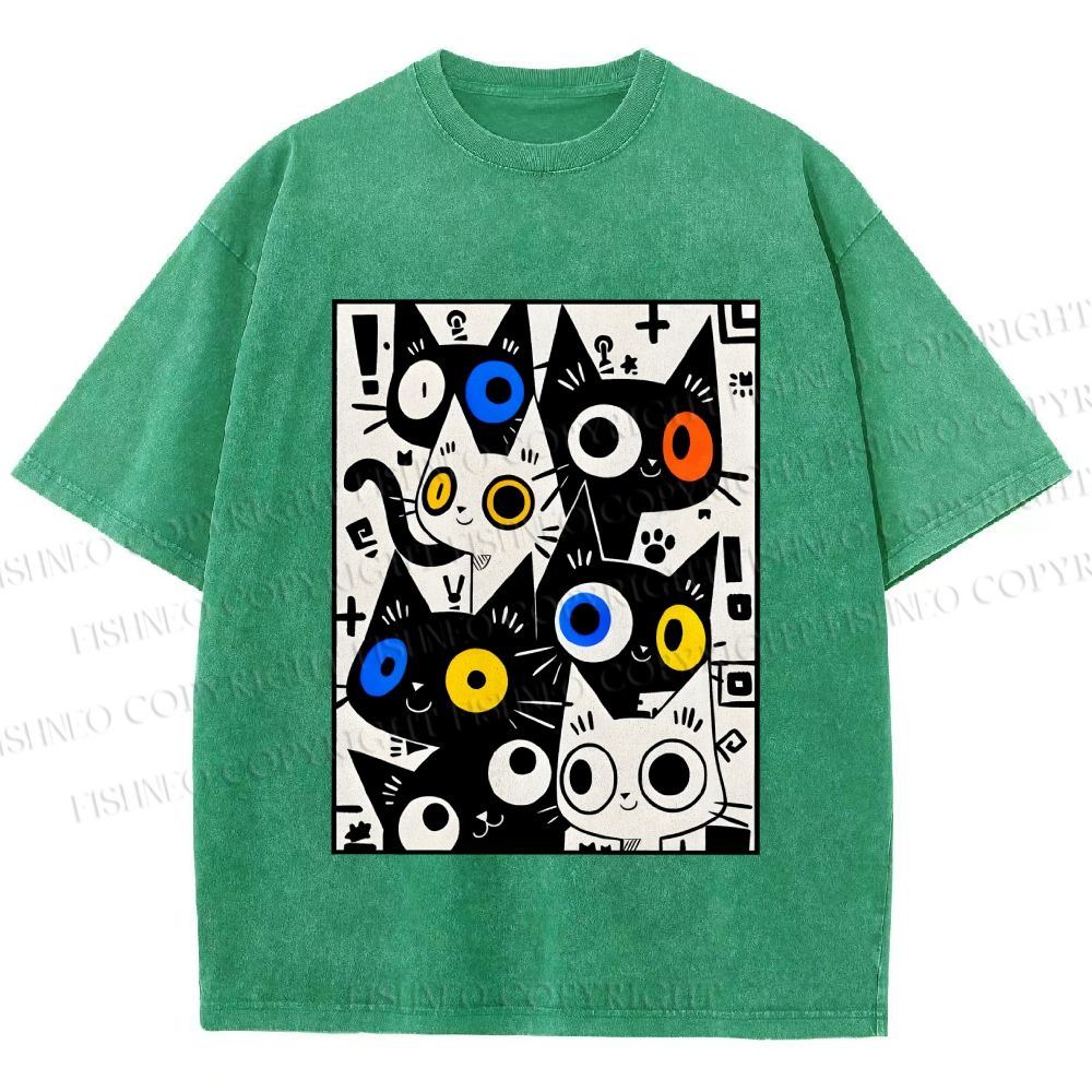 Unisex Cartoon Cats Printed Washed Tee
