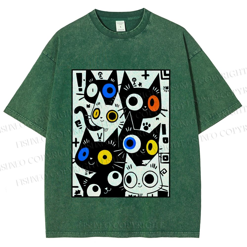 Unisex Cartoon Cats Printed Washed Tee