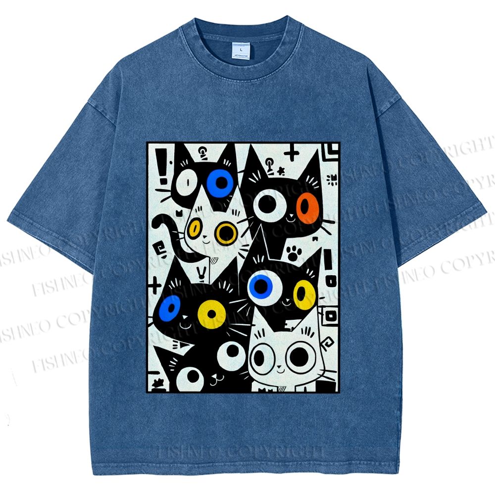 Unisex Cartoon Cats Printed Washed Tee