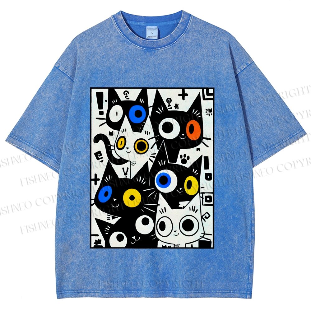 Unisex Cartoon Cats Printed Washed Tee