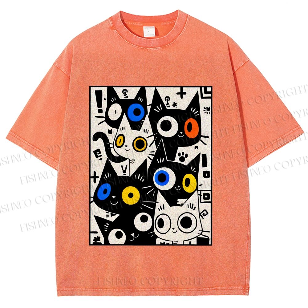 Unisex Cartoon Cats Printed Washed Tee