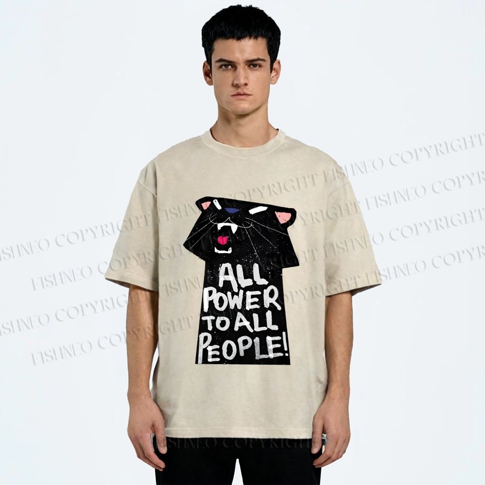 Unisex All Power to All People Panther Printed Washed Tee