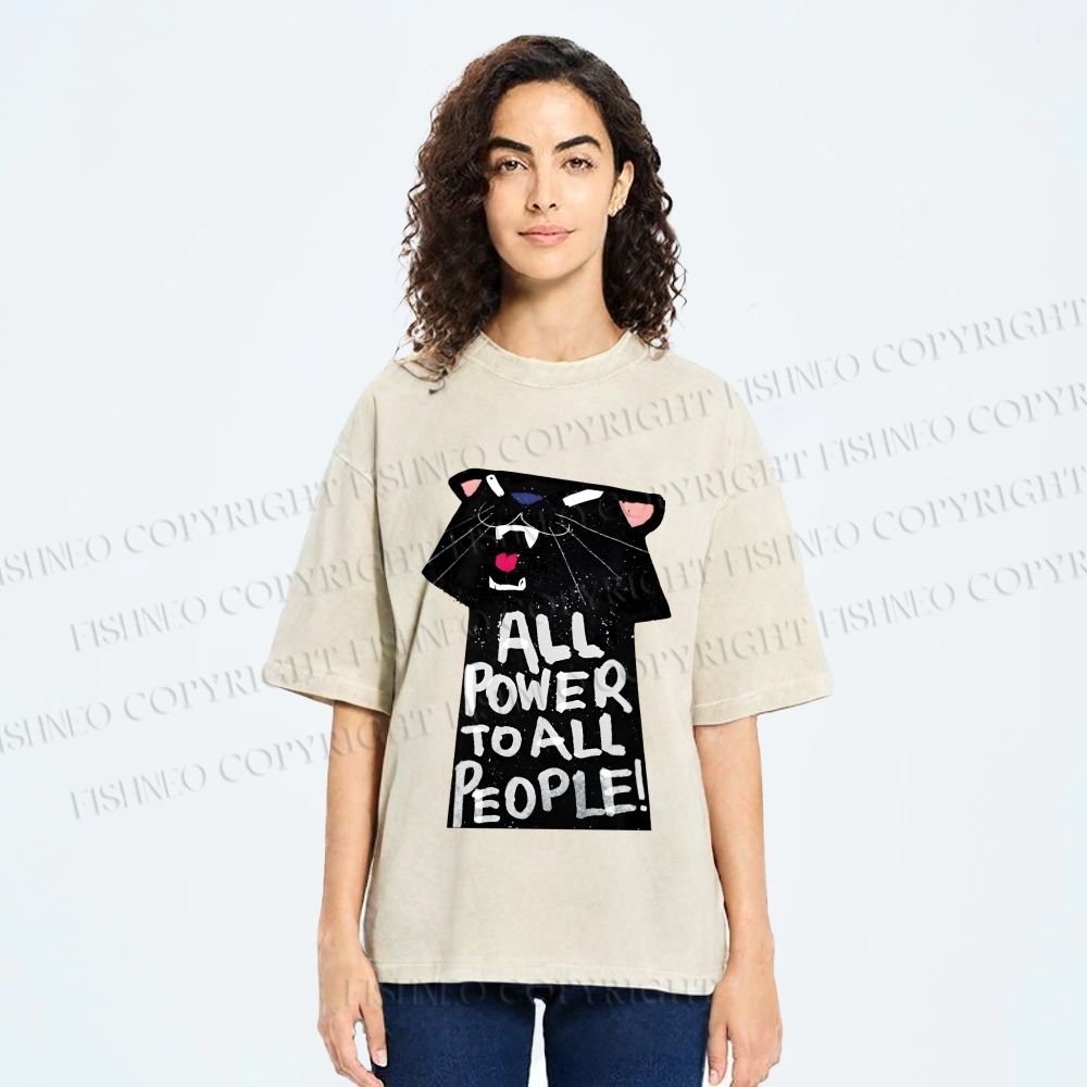 Unisex All Power to All People Panther Printed Washed Tee