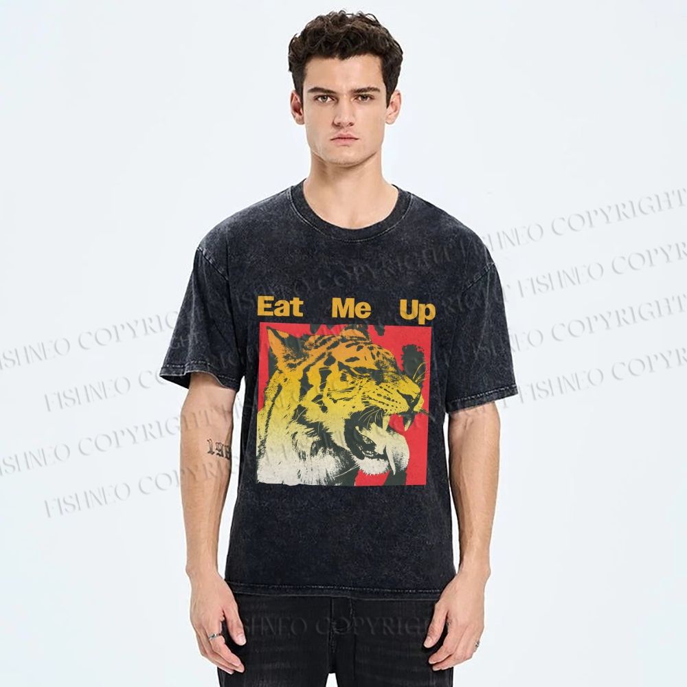 Unisex Eat Me Up Silly Tiger Printed Washed Tee