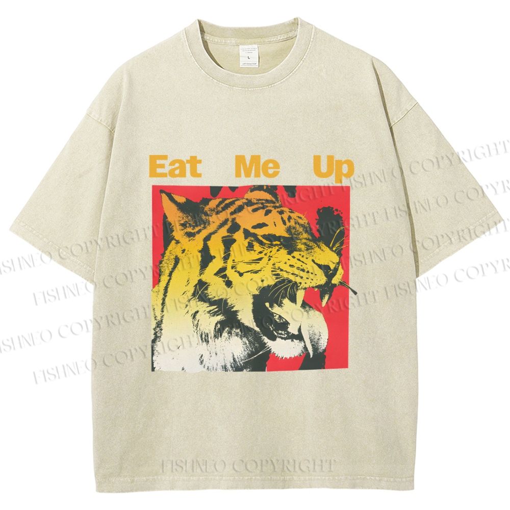 Unisex Eat Me Up Silly Tiger Printed Washed Tee