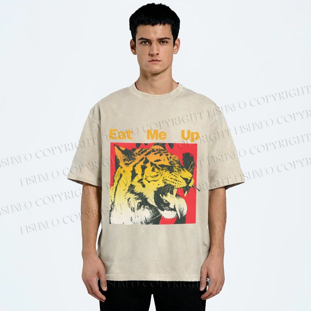 Unisex Eat Me Up Silly Tiger Printed Washed Tee